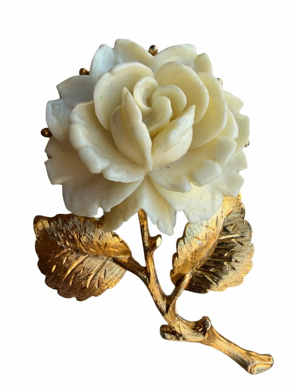 Vintage Carved Ivory Rose Brooch Textured Gold Stem Pin